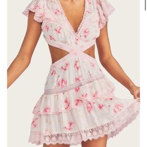 LoveShackFancy Audrina Dress Cherry Soda White Pink Tiered Ruffle Cut Out XL